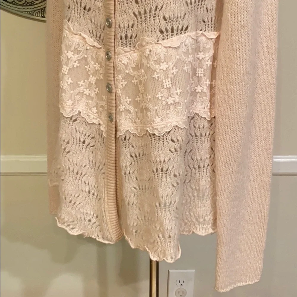 Free People Pale Blush Pink Lace & Knit Button-Up Cardigan - Picture 4 of 13